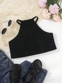 SHEIN Toddler Girls Rainbow Striped Sequin Pattern Crop Cami Top - Black - View 2