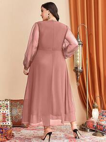 Al Najma 大碼素色前垂褶腰帶網紗覆蓋連衣裙 - 藕粉色 - 查看 2