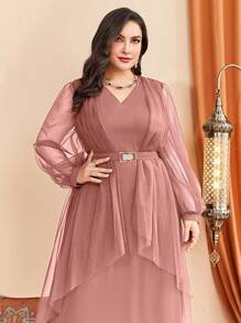 Al Najma 大碼素色前垂褶腰帶網紗覆蓋連衣裙 - 藕粉色 - 查看 3