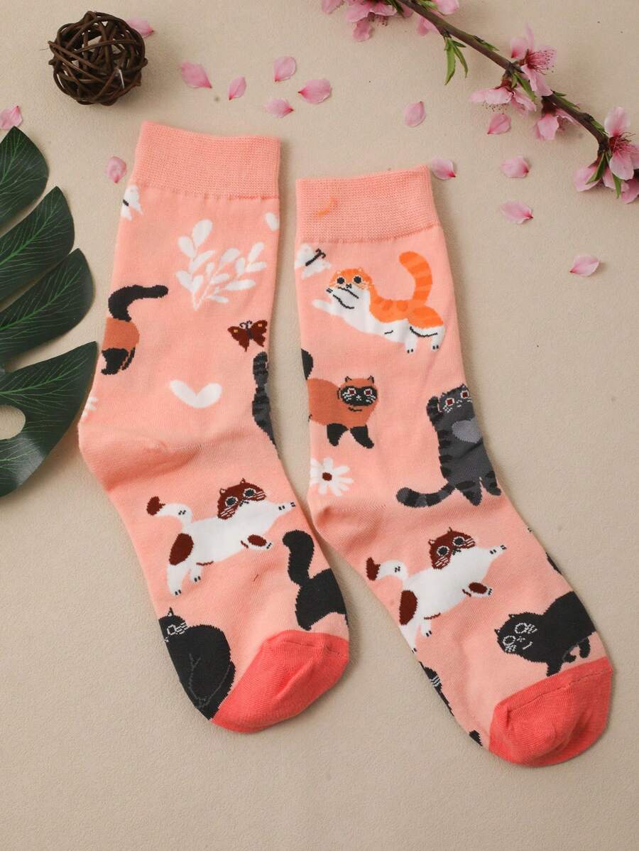 1pair Women Cartoon Cat Pattern Cute Crew Socks, Fall Socks - Multicolor - View 1