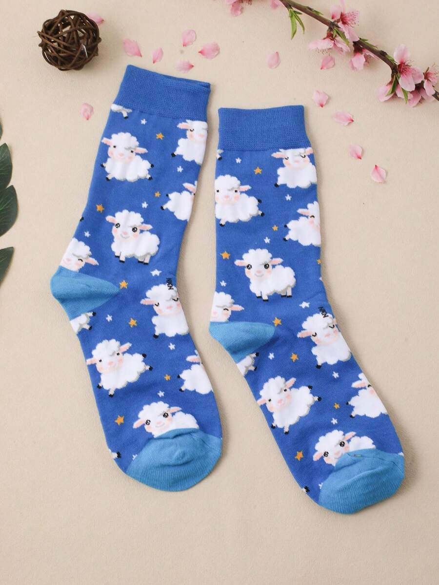 1pair Women Sheep Pattern Fashion Crew Socks - Multicolor - View 1