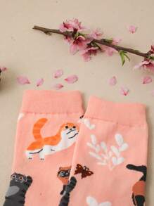 1pair Women Cartoon Cat Pattern Cute Crew Socks, Fall Socks - Multicolor - View 3