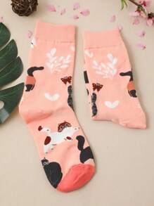 1pair Women Cartoon Cat Pattern Cute Crew Socks, Fall Socks - Multicolor - View 4