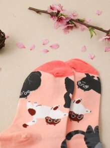 1pair Women Cartoon Cat Pattern Cute Crew Socks, Fall Socks - Multicolor - View 5