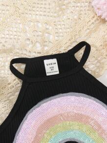SHEIN Toddler Girls Rainbow Striped Sequin Pattern Crop Cami Top - Black - View 3