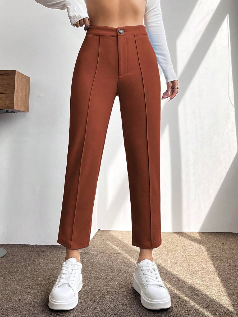 SHEIN PETITE Solid Seam Detail Cropped Pants - Rust Brown - View 1
