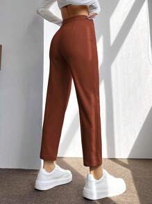 SHEIN PETITE Solid Seam Detail Cropped Pants - Rust Brown - View 2