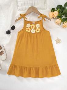 小女童貼花荷葉邊吊帶連衣裙