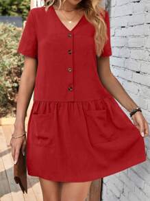 SHEIN LUNE Solid Button Front Dual Pocket Smock Dress - Red - View 4