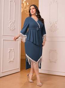 Mulvari Plus Fringe Trim Belted Dress - Dusty Blue - View 1
