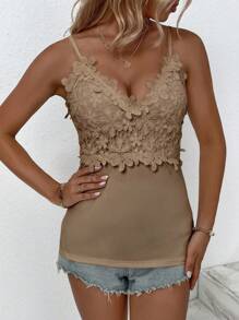 SHEIN LUNE Guipure Lace Cami Top - Khaki - View 3