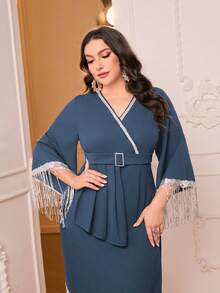 Mulvari Plus Fringe Trim Belted Dress - Dusty Blue - View 3