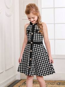 SHEIN Leap Crew Tween Girl Houndstooth Print Button Front Halter Neck Dress - Black and White - View 1