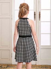 SHEIN Leap Crew Tween Girl Houndstooth Print Button Front Halter Neck Dress - Black and White - View 2