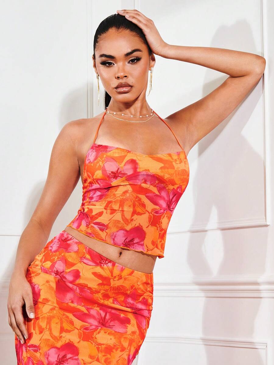 SHEIN BAE 印花後背繫帶掛脖上衣 - 彩色 - 查看 1