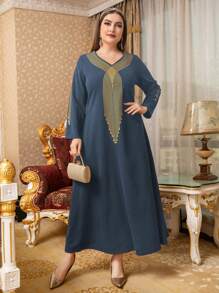 Al Najma Plus Striped Print V Neck Dress Kaftan Jalabiya Dress - Dusty Blue - View 1