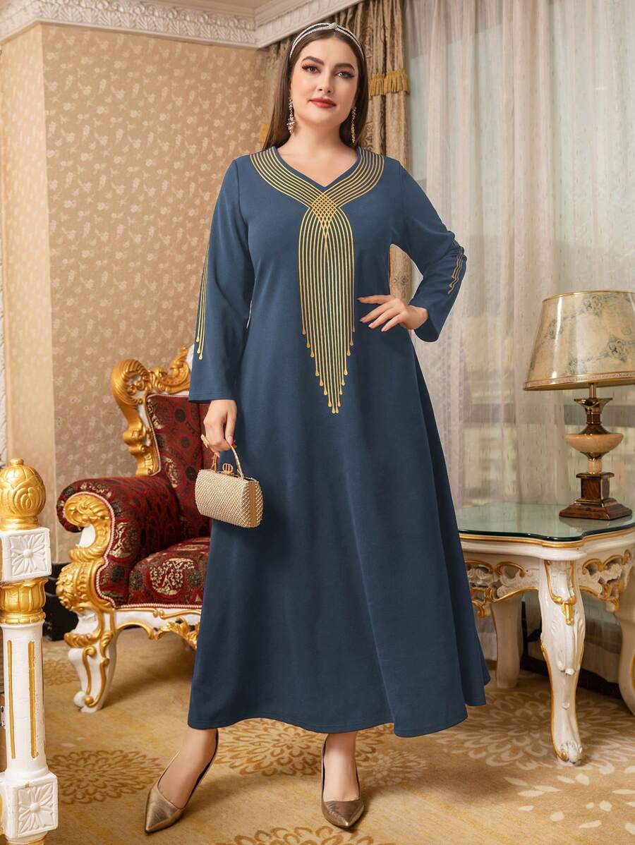 Al Najma Plus Striped Print V Neck Dress Kaftan Jalabiya Dress - Dusty Blue - View 1