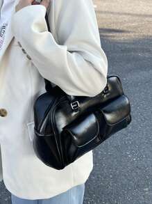 中等的方包素色多口袋 - 黑色 - 查看 7