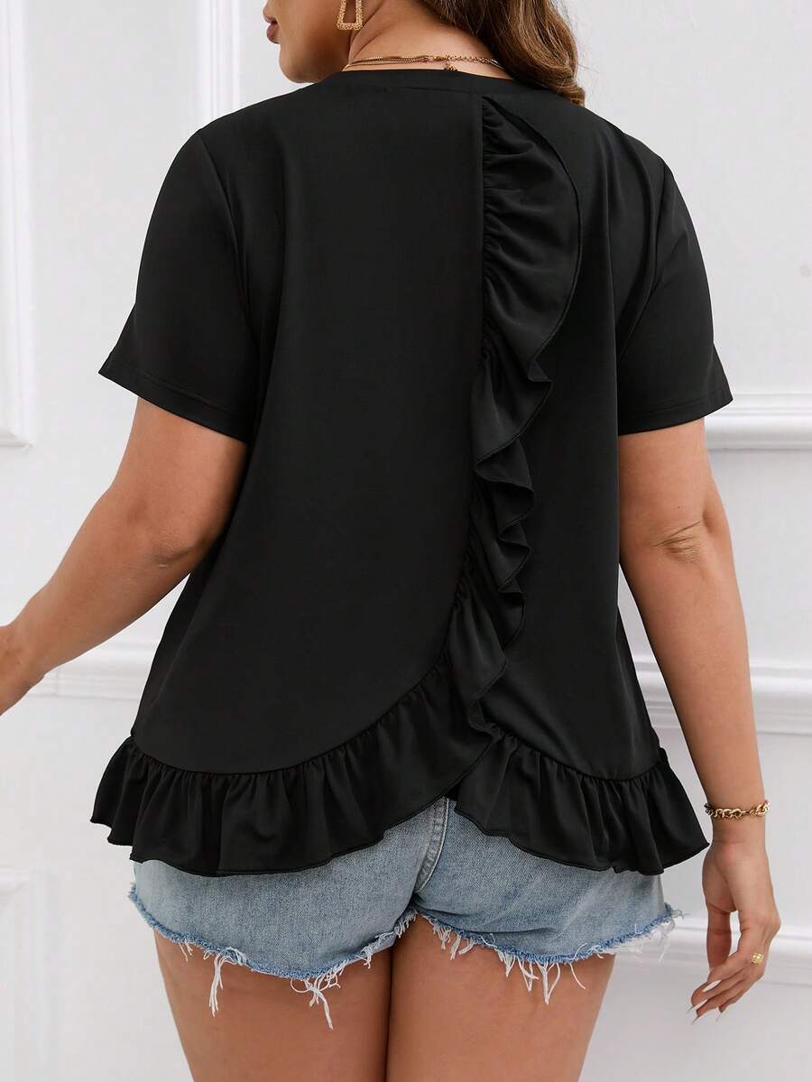 SHEIN LUNE Plus Solid Ruffle Hem Top - màu đen - Xem 1
