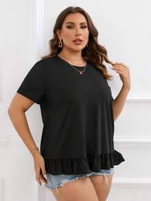SHEIN LUNE Plus Solid Ruffle Hem Top - màu đen - Xem 3