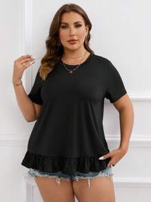 SHEIN LUNE Plus Solid Ruffle Hem Top - màu đen - Xem 4