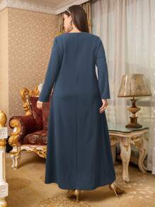 Al Najma Plus Striped Print V Neck Dress Kaftan Jalabiya Dress - Dusty Blue - View 2