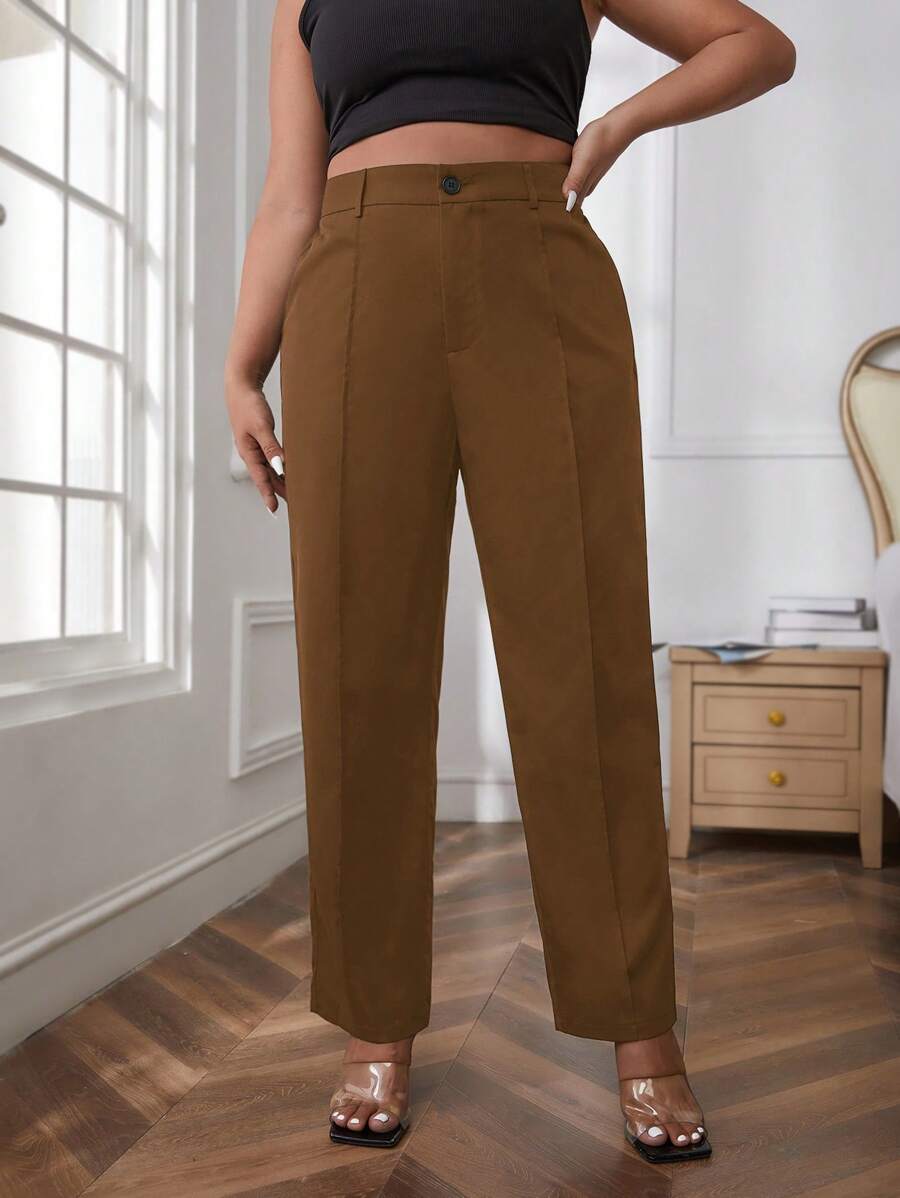 SHEIN Essnce Plus High Waist Seam Detail Pants - Brown - View 1