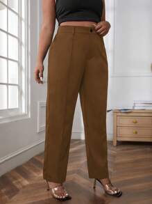 SHEIN Essnce Plus High Waist Seam Detail Pants - Brown - View 3