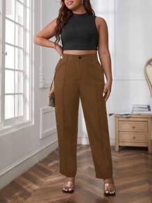 SHEIN Essnce Plus High Waist Seam Detail Pants - Brown - View 5