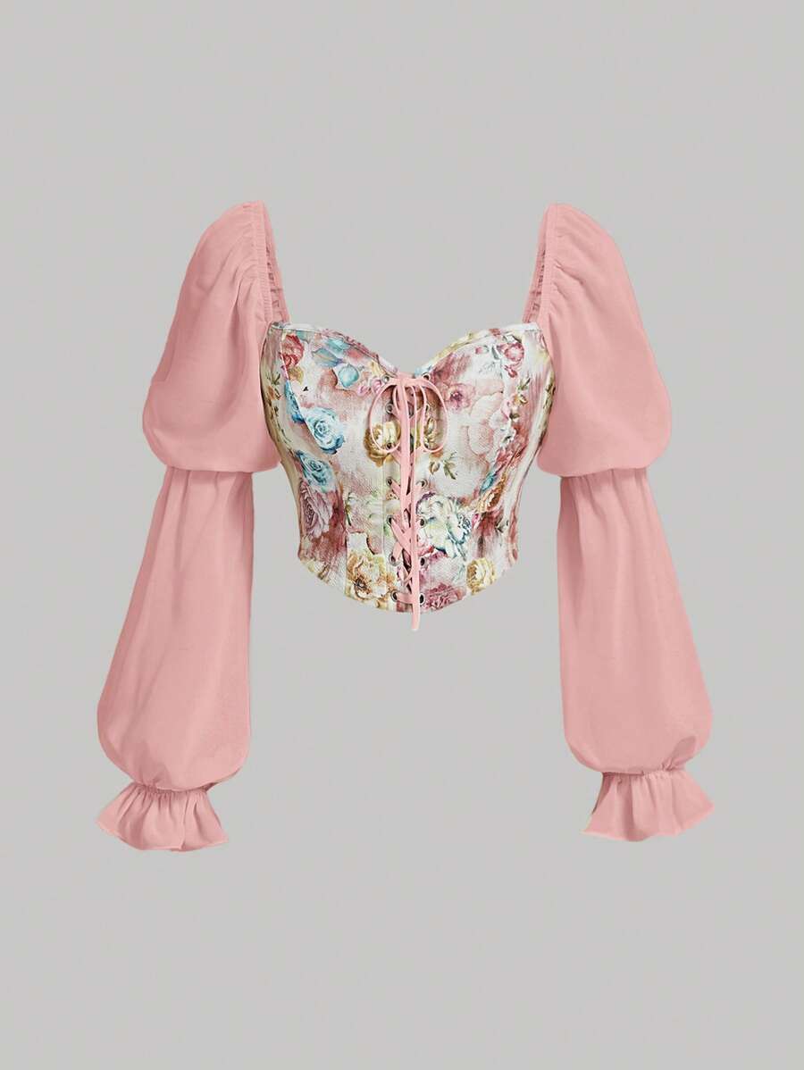 SHEIN MOD 花卉印花蕾丝前袖衬衫 - 淺粉色 - 查看 1