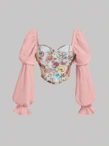 SHEIN MOD 花卉印花蕾丝前袖衬衫 - 淺粉色 - 查看 2