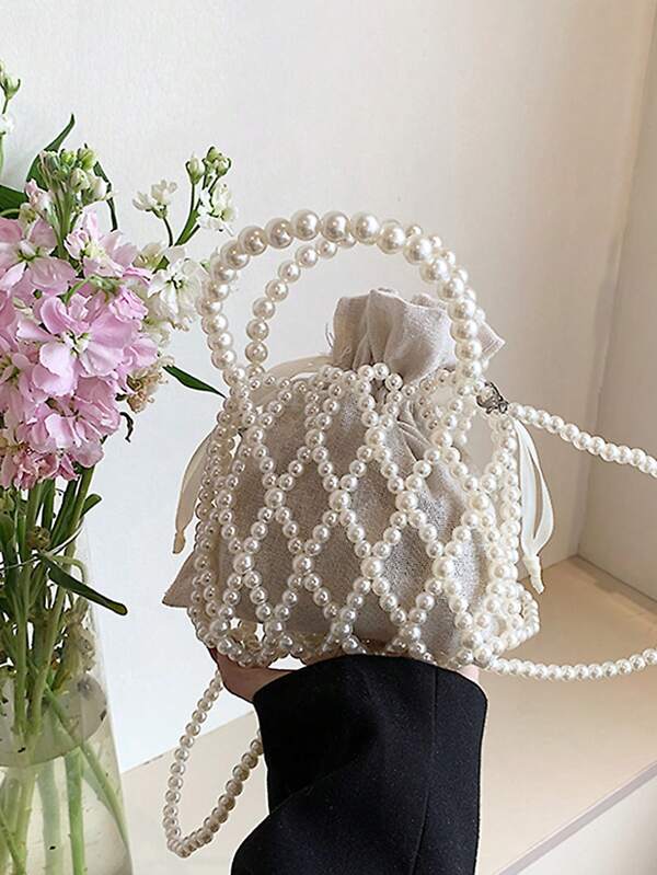 Argyle Princess Faux Pearl & Rhinestone Beaded Pearl Bag Mini Satchel Bag Faux Pearl Beaded Drawstring Design ABS For Party, Wedding, Prom and Dinner, Lipsticks, Women's Pearl Bag