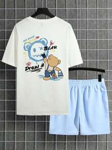 Manfinity EMRG 男士卡通圖案T恤和短褲 - 藍白色 - 查看 2