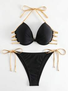 夏季撞色系带吊带聚拢比基尼套装 - 黑色 - 查看 6