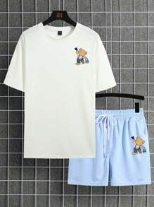 Manfinity EMRG 男士卡通圖案T恤和短褲 - 藍白色 - 查看 3