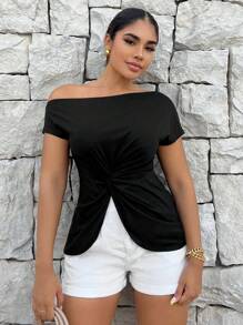 SHEIN SXY Twist Split Hem Asymmetrical Neck Tee - Black - View 1
