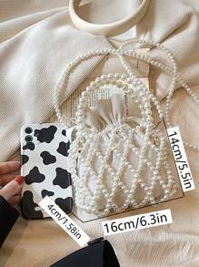 Losange Princesse Fausse Perle & Perlé À Strass Perle Sac Mini Cartable Avec Fausses Perles Design Cordon ABS Pour Fête , Mariage , Bal Et Dîner , Rouges À Lèvres , Femme Perle Sac