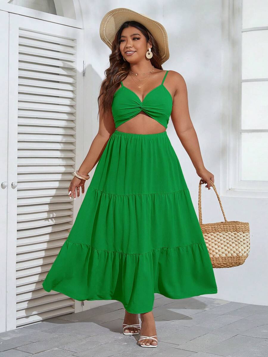 SHEIN VCAY Vestido de tirantes girante delantero con abertura bajo con fruncido - Verde - Ver 1