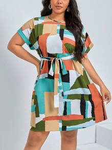 SHEIN Clasi Vestido con cinturón con estampado geométrico de manga murciélago - Multicolor - Ver 5