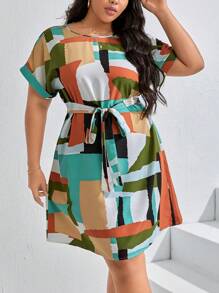 SHEIN Clasi Vestido con cinturón con estampado geométrico de manga murciélago - Multicolor - Ver 4