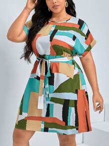 SHEIN Clasi Vestido con cinturón con estampado geométrico de manga murciélago - Multicolor - Ver 6