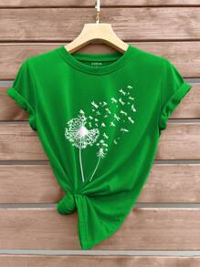 SHEIN LUNE 蒲公英印花T恤 - 綠色 - 查看 1