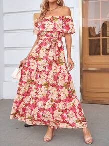 SHEIN Frenchy Allover Floral Print Off Shoulder Ruffle Hem Belted Dress - Multicolor - View 1