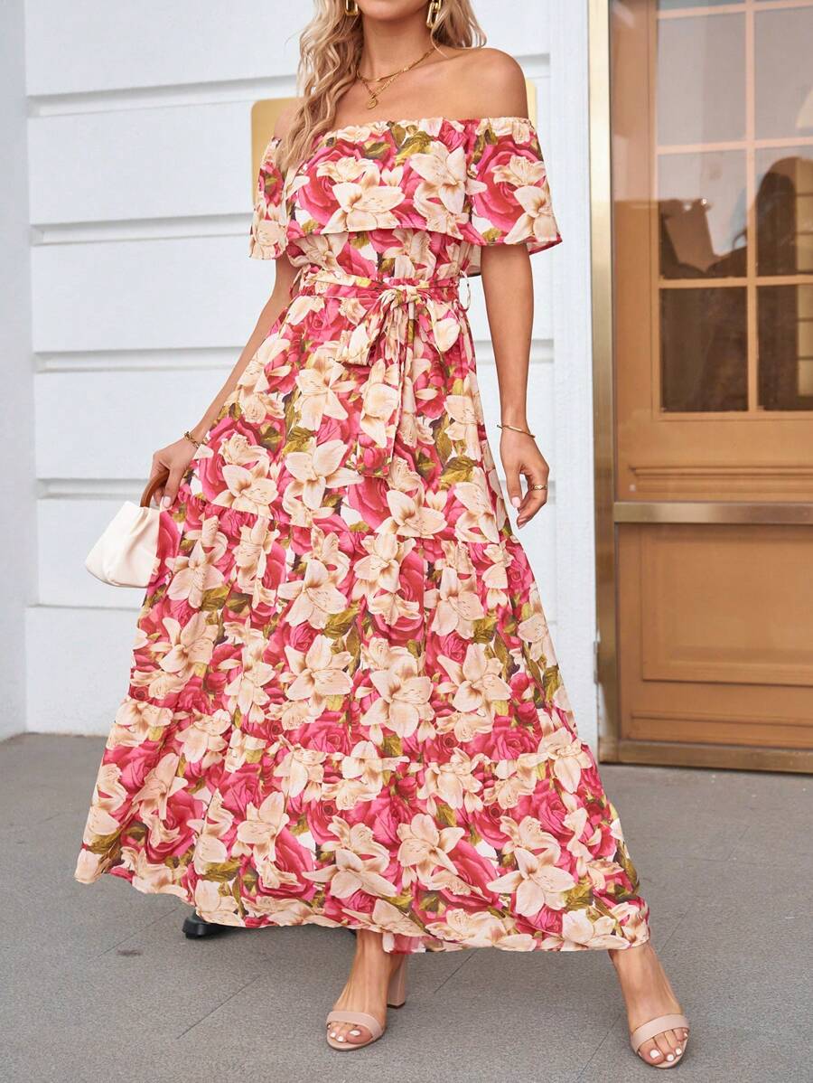 SHEIN Frenchy Allover Floral Print Off Shoulder Ruffle Hem Belted Dress - Multicolor - View 1