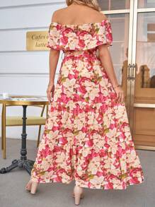 SHEIN Frenchy Allover Floral Print Off Shoulder Ruffle Hem Belted Dress - Multicolor - View 2