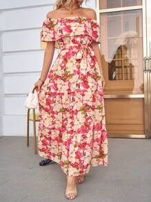 SHEIN Frenchy Allover Floral Print Off Shoulder Ruffle Hem Belted Dress - Multicolor - View 3
