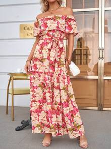 SHEIN Frenchy Allover Floral Print Off Shoulder Ruffle Hem Belted Dress - Multicolor - View 5