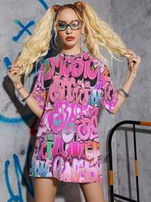 INAWLY Letter Graphic Drop Shoulder Tee Graphic Tees Women Tops