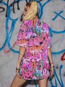 INAWLY Letter Graphic Drop Shoulder Tee Graphic Tees Women Tops