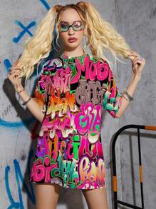 SHEIN EZwear Letter Graphic Drop Shoulder Tee - Multicolor - View 1